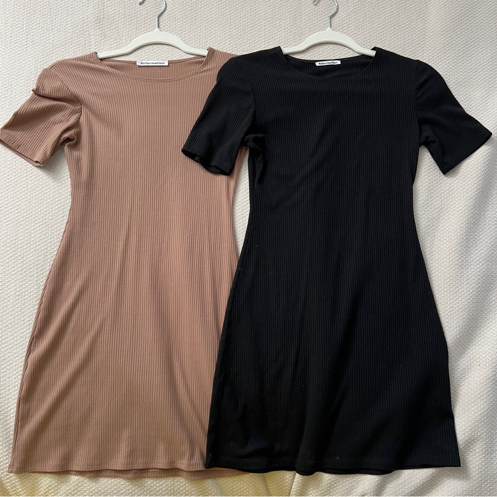 TWO Reformation Bodycon Ribbed Knit Mini Dress BLACK and BROWN size small